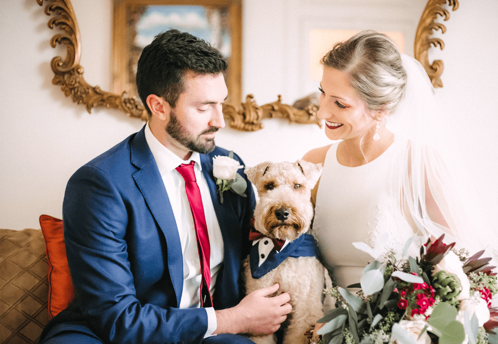 Bride and groom look lovingly between them at their dog, which is wearing a cut vest. The bride has a bouquet of eucalyptus, and a white sleeveless dress. The froom has a cranberry tie and blue jacket. The dog is pretty darn cute.
